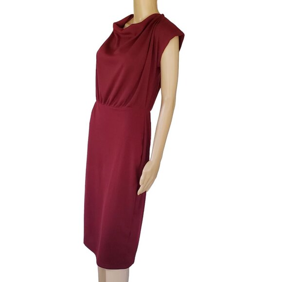 Women's L Midi Dress Sleeveless Cowl Neck Knit Stretch Maroon Red Elastic Waist - Picture 2 of 13